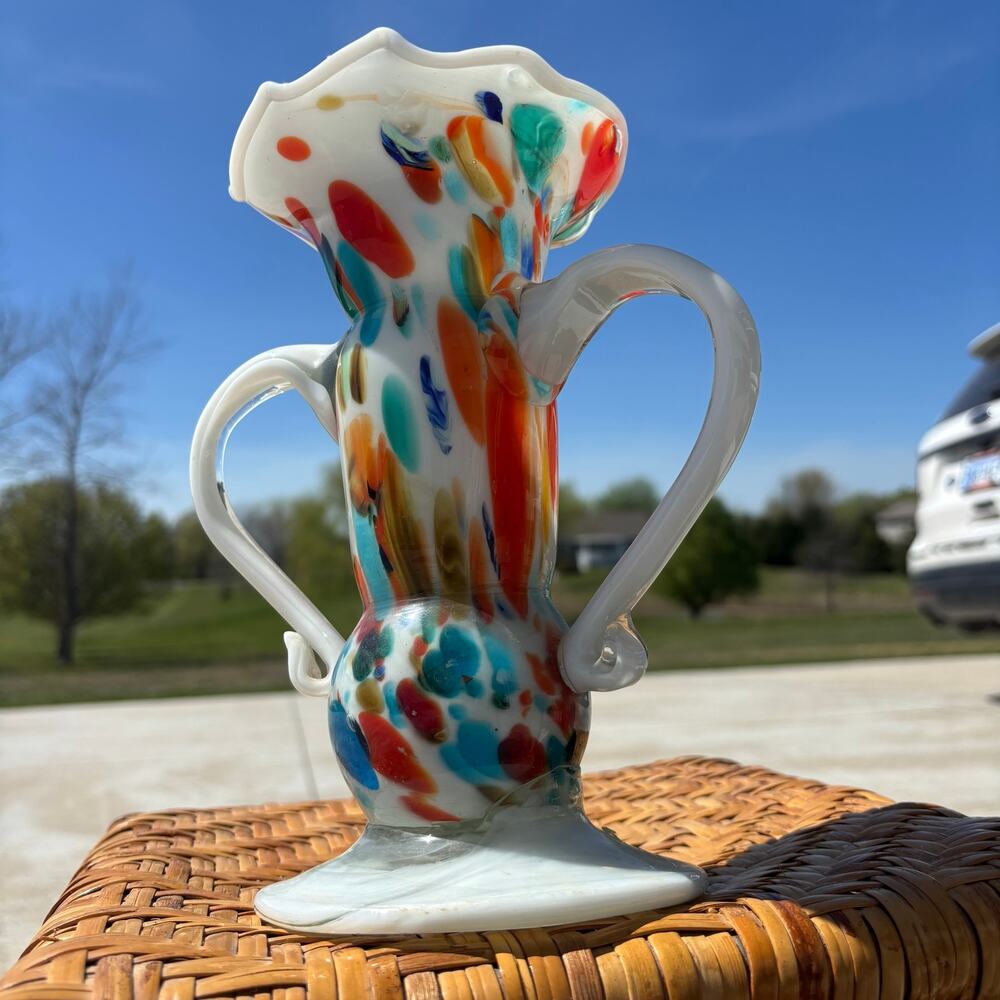 Vtg Cristales De Chihuahua Mexico Art Glass Colorful Confetti Vase Twin Handles